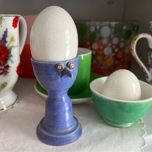 Unique collectible pottery bird owl? Egg coddle Holder